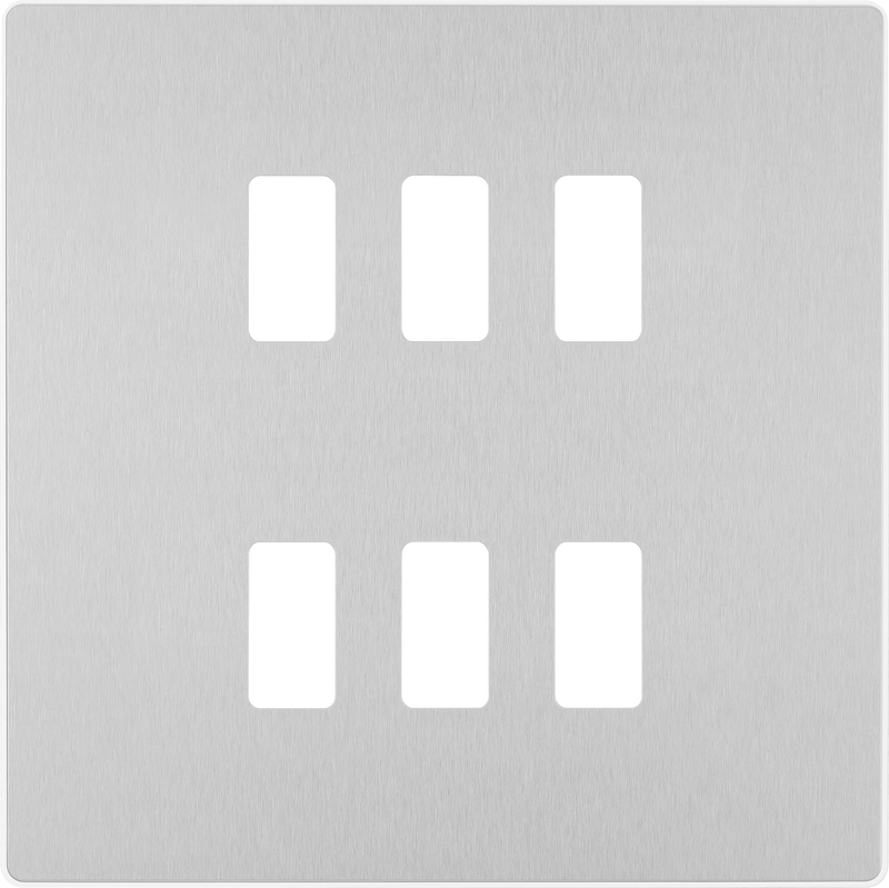 BG RPCDBS6W Evolve Grid Brushed Steel 6 Module Square Front Plate - White Trim