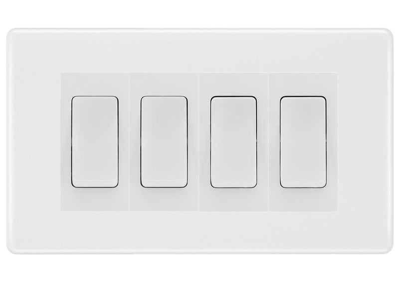 BG White Moulded 4-Gang Light Switch 2x 2-Way + 2x Intermediate – White Inserts