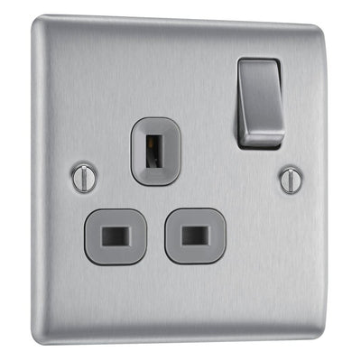 BG Nexus Metal Brushed Steel 13A Single Switched Socket NBS21G with 35mm Steel Back Box