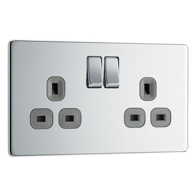 BG Screwless Polished Chrome 13A Double Switched Socket FPC22G with 35mm Steel Back Box