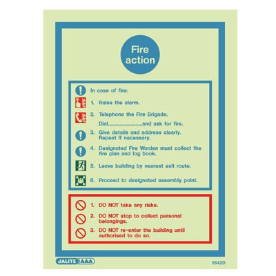 Extinguishers & Equipment: Fire Action Sign - Fire Safety Signs from Jalite Fire Action Sign - 1 by Jalite signs (Safelincs-JS5414D)