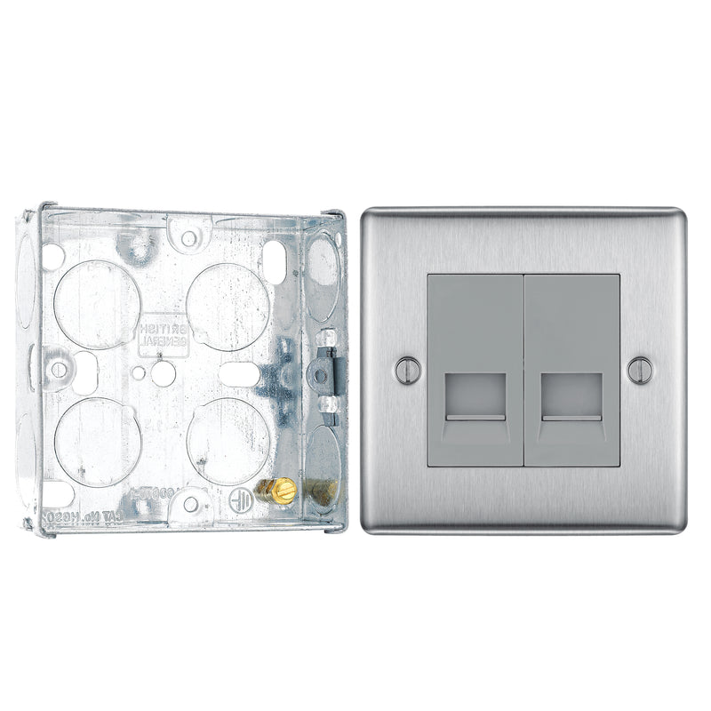 BG Nexus Brushed Steel Double Master Telephone Socket NBSBTM2 with 25mm Steel Back Box
