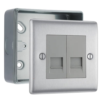 BG Nexus Brushed Steel 2 Gang Master Telephone Socket with Surface Pattress Back Box by British General (BG-NBSBTM2+MC501)