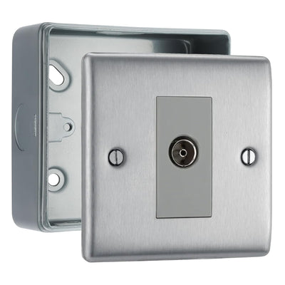 BG Nexus Brushed Steel Single Isolated Co-Axial Socket & Surface Pattress Back Box by British General (BG-NBS62+MC501)