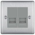 BG Nexus Brushed Steel Double Secondary Telephone Socket, Screw Terminal - Grey Insert