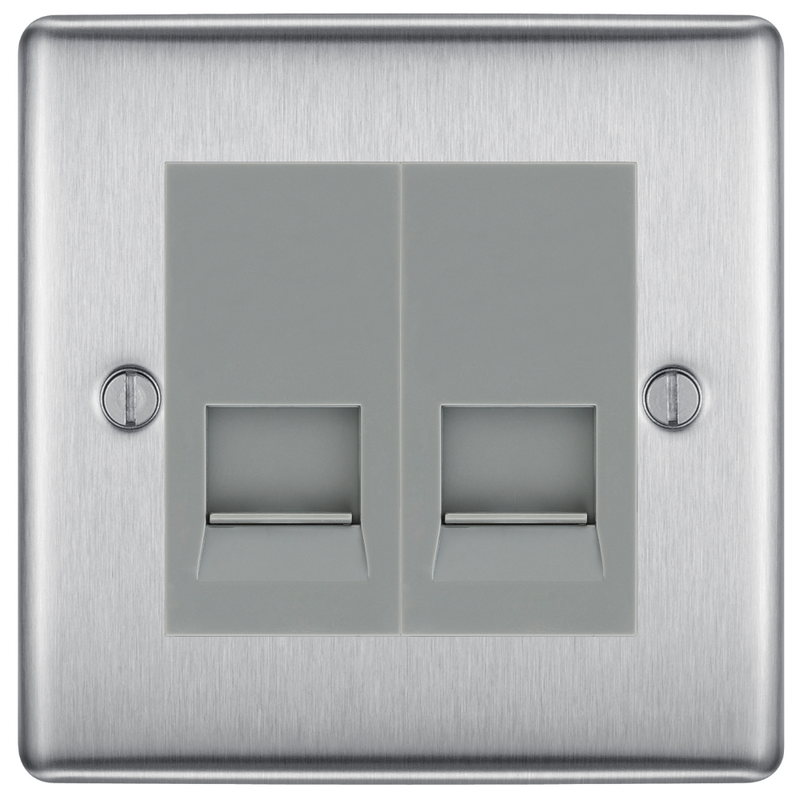 BG Nexus Brushed Steel Double Secondary Telephone Socket, Screw Terminal - Grey Insert