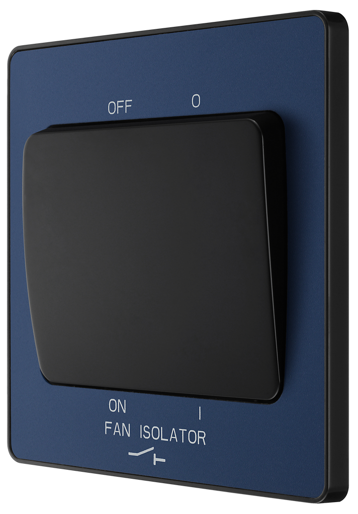 PCDDB15B Side - This Evolve Matt Blue 10A triple pole fan isolator switch from British General provides a safe and simple method of isolating mechanical fan units. This switch has a low profile screwless flat plate that clips on and off, making it ideal for modern interiors.