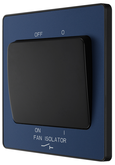 PCDDB15B Side - This Evolve Matt Blue 10A triple pole fan isolator switch from British General provides a safe and simple method of isolating mechanical fan units. This switch has a low profile screwless flat plate that clips on and off, making it ideal for modern interiors.