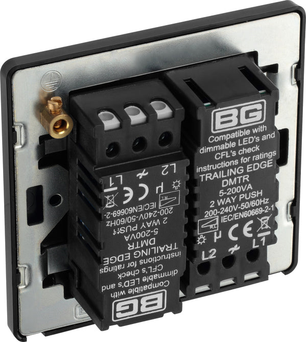 PCDBC82B Back - Evolve, trailing edge, double dimmer switch that controls light levels and sets mood. Intelligent electronic circuit monitors connected load and provides a soft-start with protection against thermal, current and voltage overload. Suitable for dimming LED, dimmable CFLs and traditional lighting.