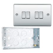 BG Nexus Metal Polished Chrome 20A 16AX 2 Way Quadruple Light Switch NPC44 with 25mm Steel Back Box by British General (BG-NPC44+HGS04)