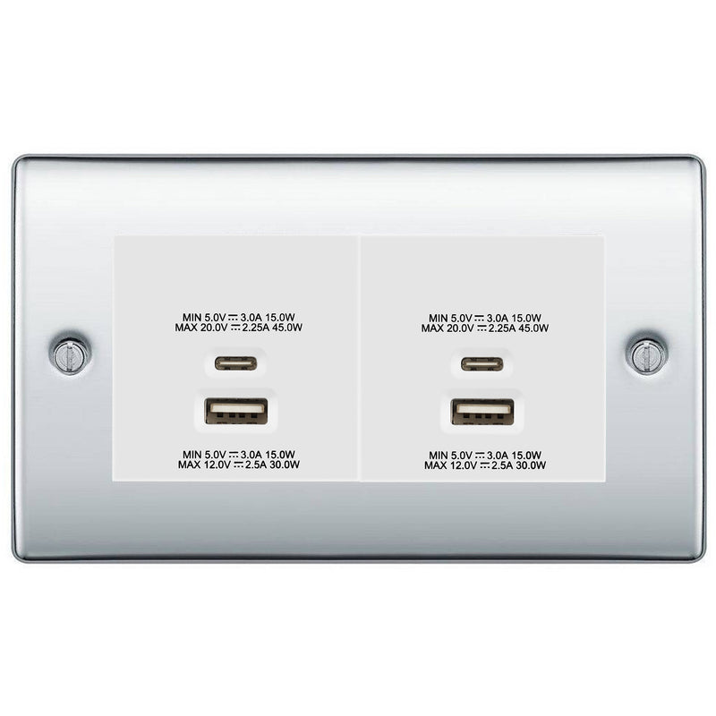 BG Polished Chrome 4G Euro Plate with 45W USB A+C Charger Modules - White Insert
