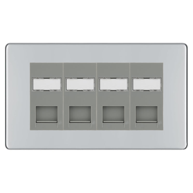 BG Screwless Polished Chrome 4 Gang RJ45 CAT6 Data Socket Grey Inserts