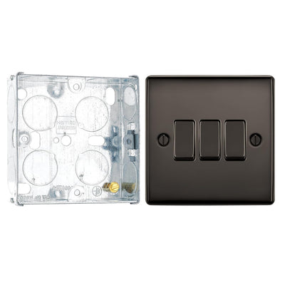 BG Nexus Black Nickel 20A, 16AX 2 Way Triple Light Switch NBN43 and 25mm Steel Back Box by British General (BG-NBN43+HGS02)