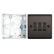 BG Nexus Black Nickel 20A, 16AX 2 Way Triple Light Switch NBN43 and 25mm Steel Back Box by British General (BG-NBN43+HGS02)