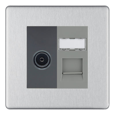 BG Screwless Brushed Steel TV Aerial & RJ45 CAT6 Data Socket - Grey Insert