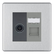 BG Screwless Brushed Steel TV Aerial & RJ45 CAT6 Data Socket - Grey Insert