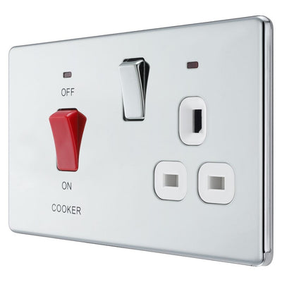 BG Screwless Polished Chrome 45A DP Cooker Neon Socket Switch FPC70W with 35mm Steel Back Box