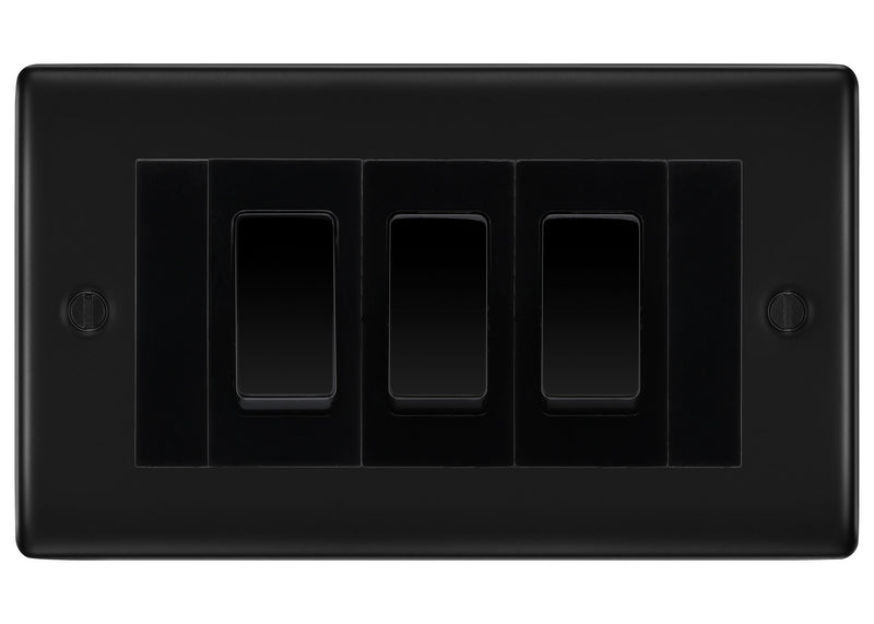 BG Nexus Matt Black 3 Gang Intermediate Light Switch Custom Grid - Black Insert