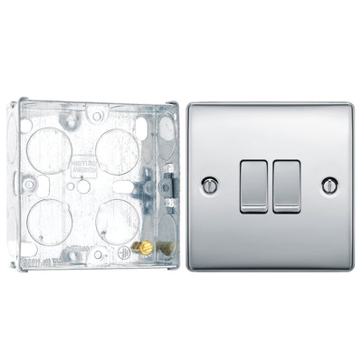 BG Nexus Metal Polished Chrome 20A 16AX 2 Way Double Light Switch NPC42 with 25mm Steel Back Box by British General (BG-NPC42+HGS02)