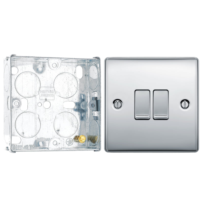 BG Nexus Metal Polished Chrome 20A 16AX 2 Way Double Light Switch NPC42 with 25mm Steel Back Box