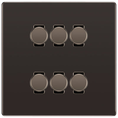 BG Black Nickel Screwless Flat Plate 6 Gang Trailing Edge LED Dimmer Light Switch 2 Way Custom Switch by British General (SCREWLESS-BN-6G-CUSTOM-6xDIMMER-2Way)