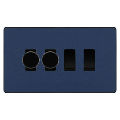 BG Evolve Matt Blue 4 Gang Light Switch 2x Trailing Edge LED Dimmer 2x 2 Way Custom Switch by British General (Evolve-DB-CUSTOM-4GANG-2x-DIMMER-2x-2WAY)
