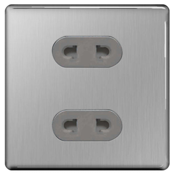 BG FBS98G Flatplate Screwless 16A, 2 Gang Unswitched Euro Socket, Brushed Steel