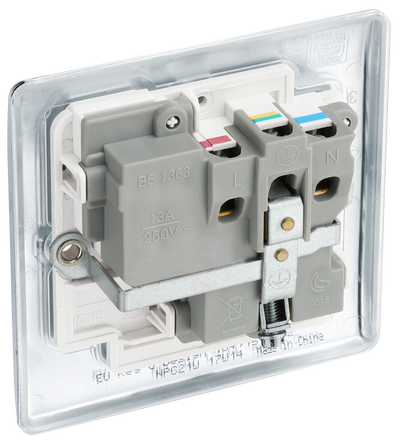 NPC21W Back - This polished chrome finish 13A single switched socket from British General has a sleek and slim profile with softly rounded edges and no visible plastic around the switch to add a touch of luxury to your decor.