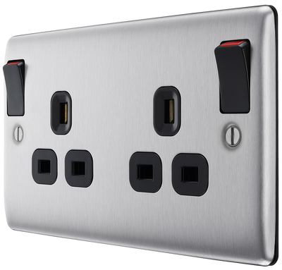 BG Electrical NBS22DPOBB Nexus Metal Brushed Steel 13A Double Pole Switched Socket - Black Insert