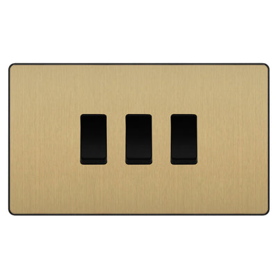 BG Evolve Satin Brass 3 Gang Light Switch 2x Intermediate 1x 2 Way Custom Grid Switch by British General (BG-Evolve-SB-3G-CUSTOM-2x-INT-1x-2WAY-SP)
