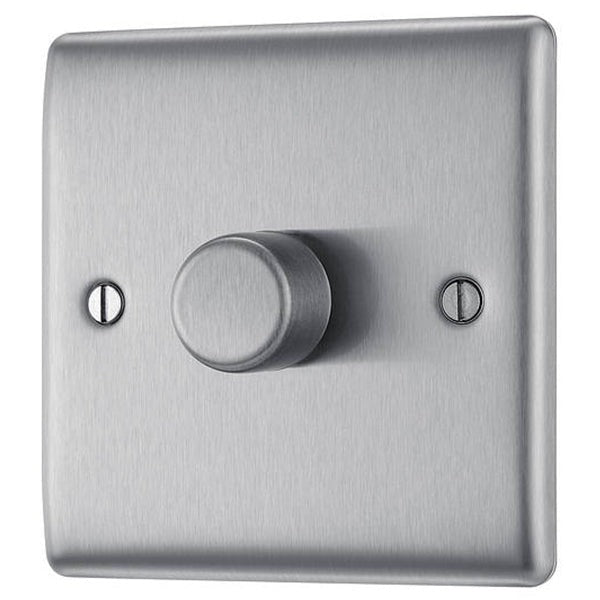 NBS81P Front - The BG NBS81P is a 1 gang, 2 way dimmer switch, with push on/off function. It can take loads of up to 400W. The NBS81P is part of the Nexus Metal range of wiring accessories and has a brushed steel finish.