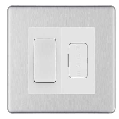 BG Flatplate Screwless Brushed Steel 20A Double Pole Switch & 13A Fused Spur Plate | White Insert