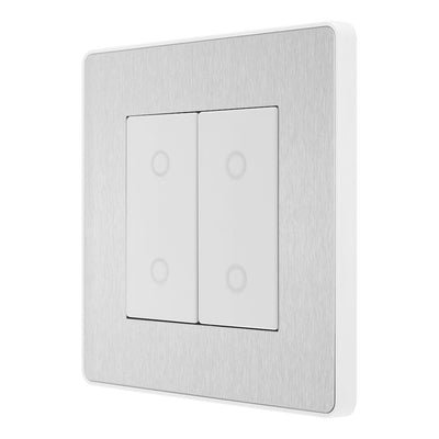 BG Evolve Brushed Steel Double Master Touch Dimmer Switch PCDBSTDM2W with 35mm Steel Back Box