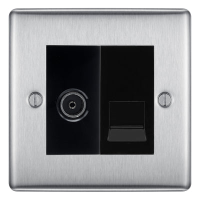 BG Nexus Brushed Steel TV Aerial & BT Telephone Outlet Plate — Screened + IDC - Black