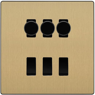 BG Evolve Satin Brass 6 Gang Switch 3x Trailing Edge LED Dimmer 3x 2Way Custom Switch by British General (BG-Evolve-SB-6G-CUSTOM-3x-Dimmer-3x-2WAY)