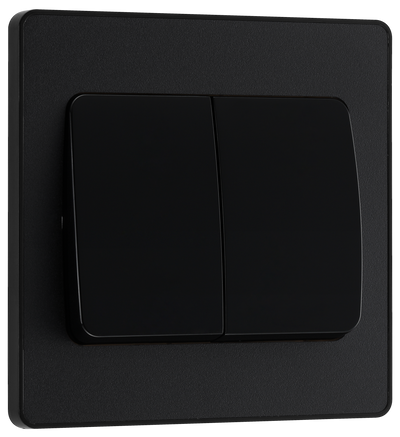 PCDMB42WB Front - This Evolve Matt Black 20A 16AX double light switch from British General can operate 2 different lights, whilst the 2 way switching allows a second switch to be added to the circuit to operate the same light from another location (e.g. at the top and bottom of the stairs).