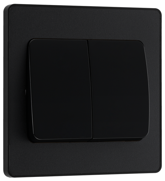 PCDMB42WB Front - This Evolve Matt Black 20A 16AX double light switch from British General can operate 2 different lights, whilst the 2 way switching allows a second switch to be added to the circuit to operate the same light from another location (e.g. at the top and bottom of the stairs).