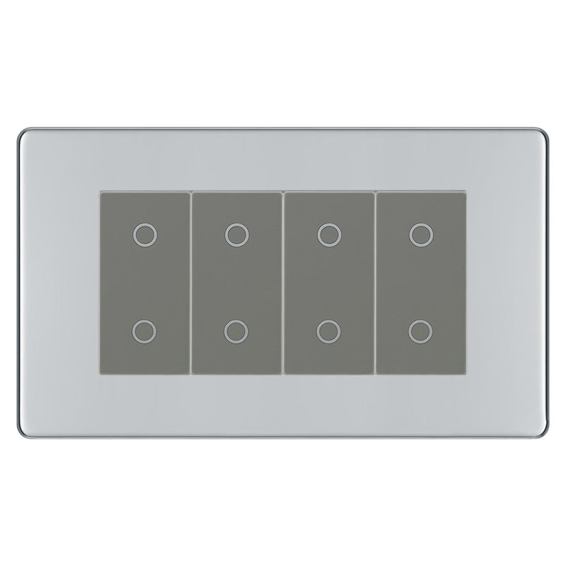 BG Nexus Screwless Polished Chrome Quad Master Touch Dimmer Switch Grey Inserts FPCTDM4G