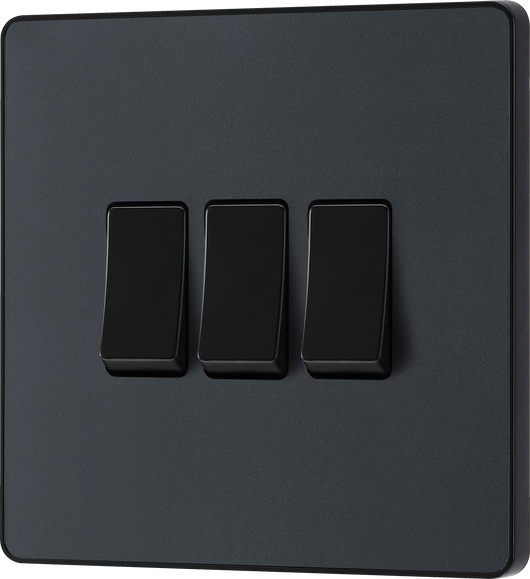 PCDMG43B Front - This Evolve Matt Grey 20A 16AX triple light switch from British General can operate 3 different lights, whilst the 2 way switching allows a second switch to be added to the circuit to operate the same light from another location (e.g. at the top and bottom of the stairs).