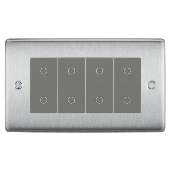 BG Nexus Brushed Steel Quad Secondary Touch Dimmer Switch Grey Inserts NBSTDS4G