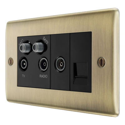 BG Nexus Antique Brass Quadplex 2x Satellite BT and Co-Axial Socket with Surface Pattress Back Box