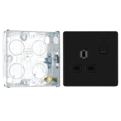 BG Screwless Matt Black 13A Single Socket FFB21B with 25mm Steel Back Box