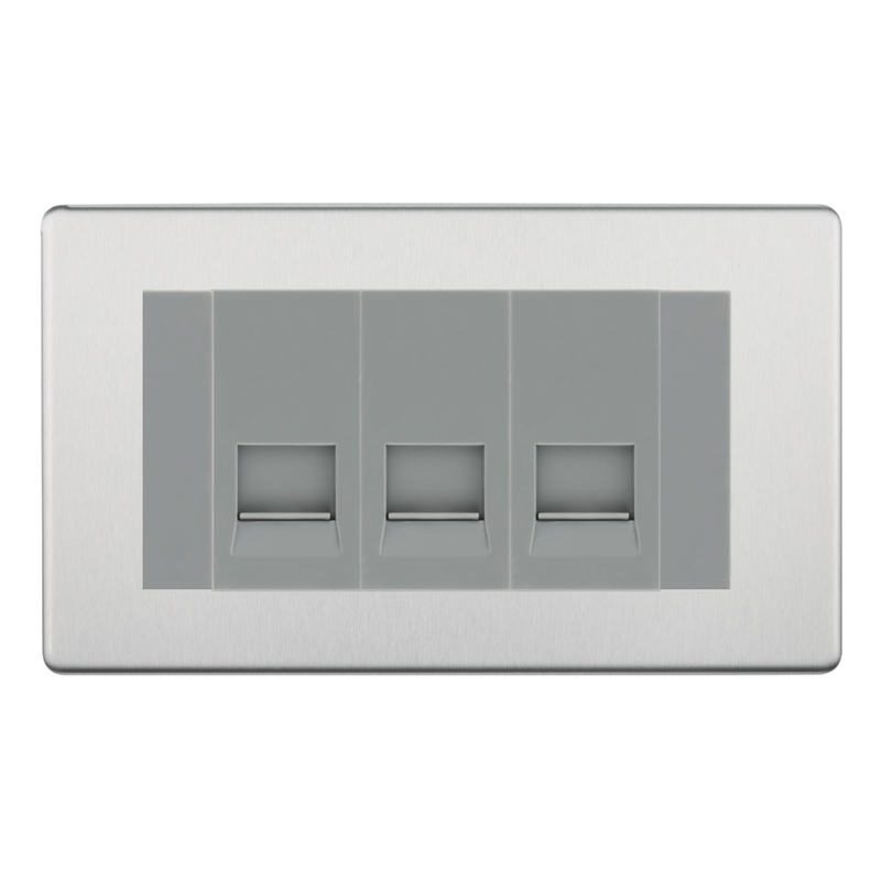 BG Screwless Brushed Steel 3 Gang Master Telephone Socket – Grey Insert