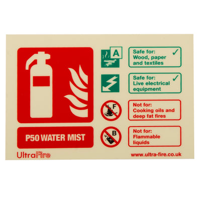 Extinguishers & Equipment: Photoluminescent P50 Water Mist Fire Extinguisher ID Signs Rigid PVC 2ltr A+F (and Electrical) / Portrait (200 x 75mm) by UltraFire (Safelincs-CSPW2RP)