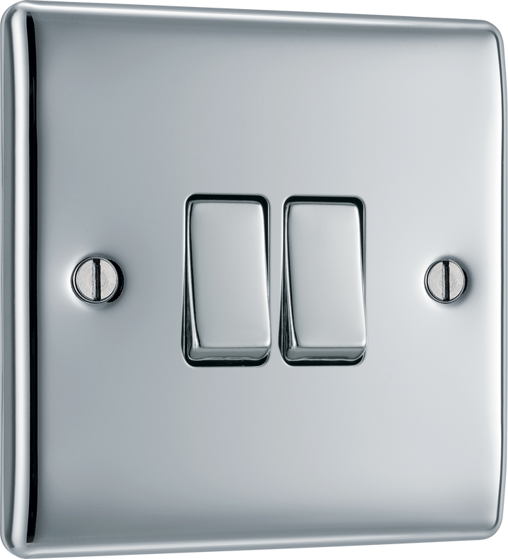 NPC42 Front - This polished chrome finish 20A 16AX double light switch from British General can operate 2 different lights whilst the 2 way switching allows a second switch to be added to the circuit to operate the same light from another location (e.g. at the top and bottom of the stairs).