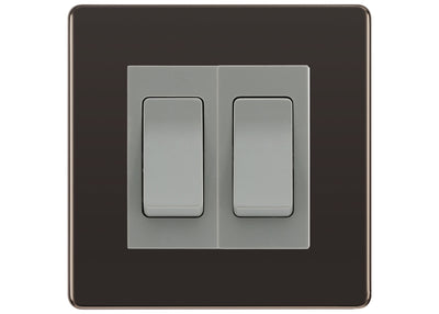BG Electrical Screwless Black Nickel 2-Gang Light Switch 1x 2-Way + 1x Intermediate – Grey Inserts