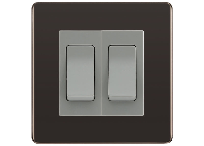 BG Electrical Screwless Black Nickel 2-Gang Light Switch 1x 2-Way + 1x Intermediate – Grey Inserts