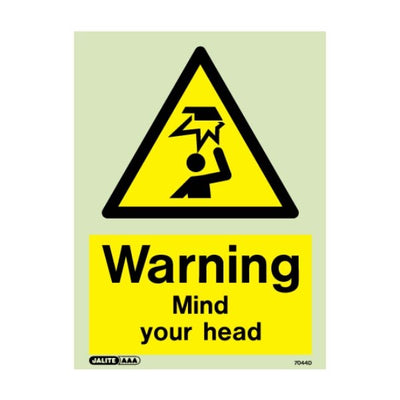 Warning Mind Your Head sign by Jalite signs (Safelincs-JS7044DR)