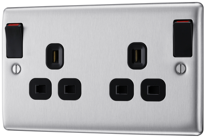 BG Electrical NBS22DPOBB Nexus Metal Brushed Steel 13A Double Pole Switched Socket - Black Insert