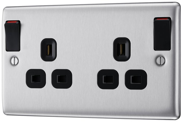 NBS22DPOBB Front - This 13A double switched socket from British General is double pole for additional safety, whilst the outboard rockers prevent inadvertently switching the wrong side off as they are not directly next to each other. This socket has a brushed steel finish with anti-fingerprint lacquer, a sleek and slim profile.